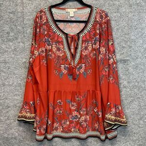 FLYING TOMATO Top Women's 2X Red Floral V-Neck Tassel Bell Sleeve Peplum EUC